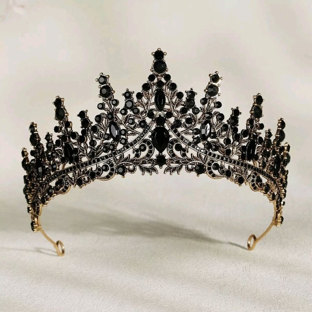 Black Crystal Crown, Gold Headband, Gothic Princess Tiara, Queen Hair Tiara
